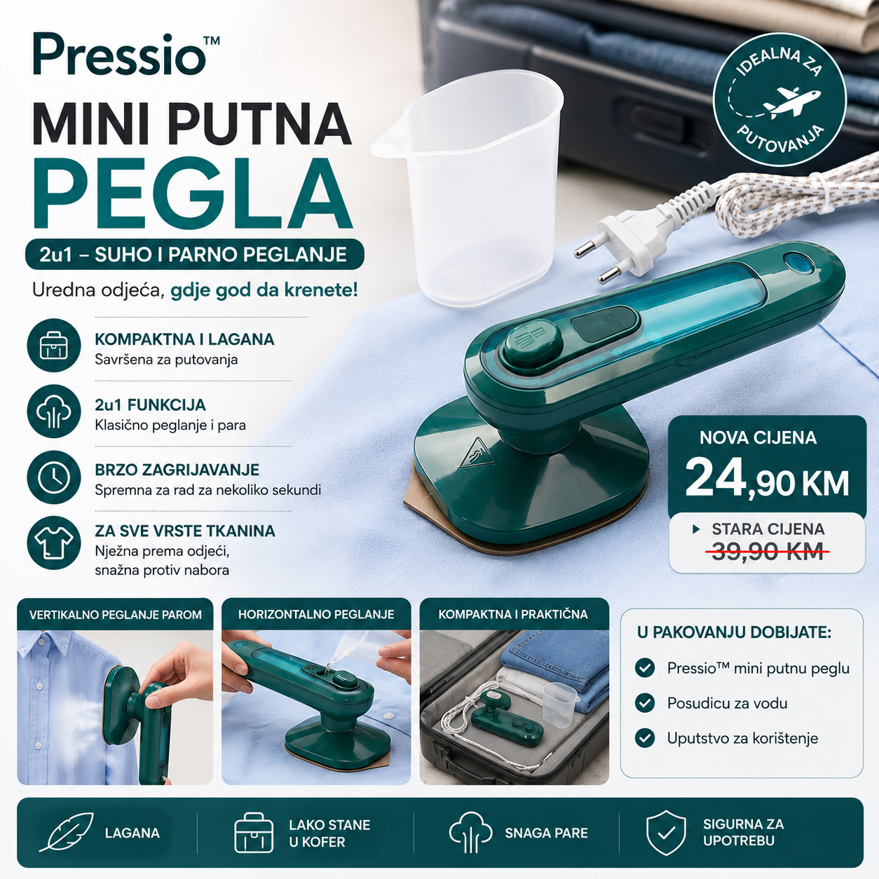 Pressio™ Mini Putna Pegla 2u1 – Uredna odjeća gdje god da krenete